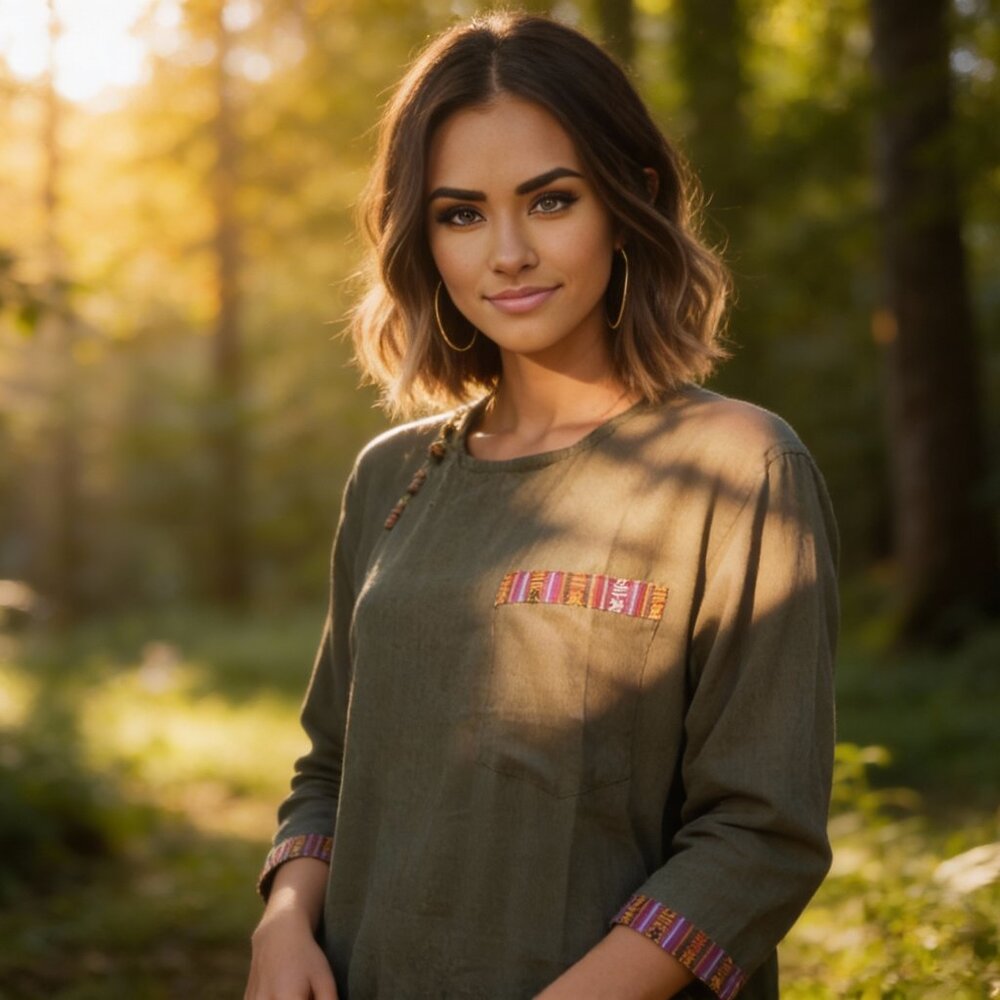 Cotton Bhutani Trim Long-Sleeve Round Neck Tunic - Solid Color (Green)